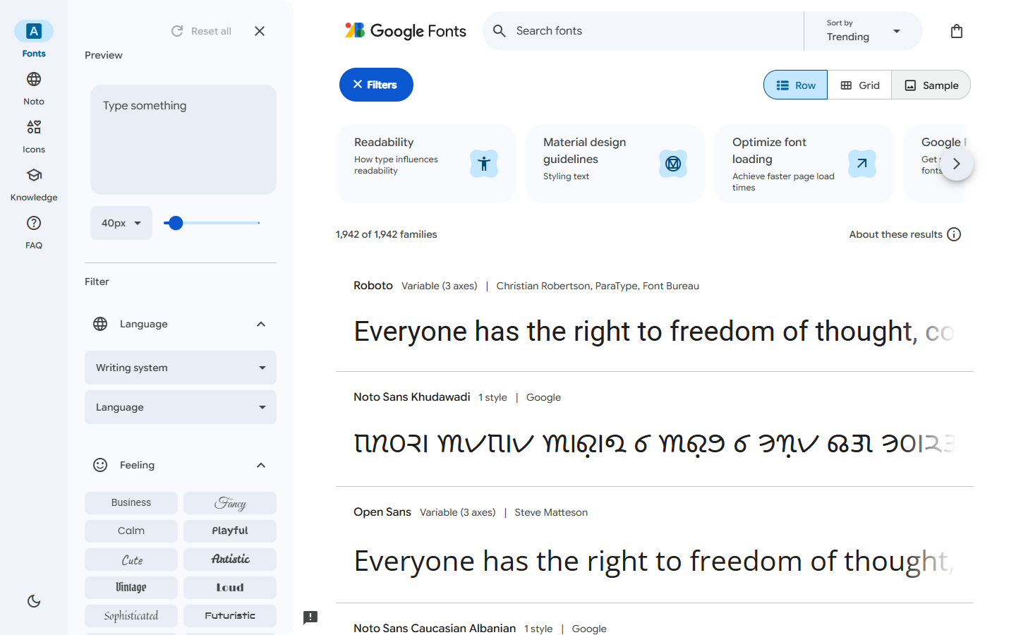 Google Fonts 字体列表、实时预览与筛选面板截图